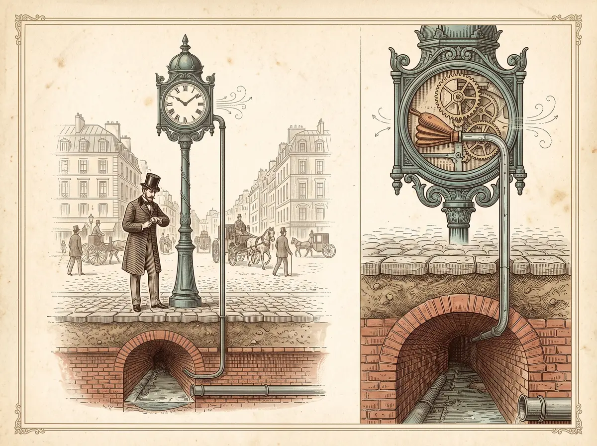 The City That Piped the Time Through Its Sewers — Until a Flood Stopped Every Clock at Once